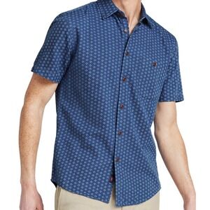 Faherty Mens L Short Sleeve Button Up Playa Shirt in Eco Indigo Geo